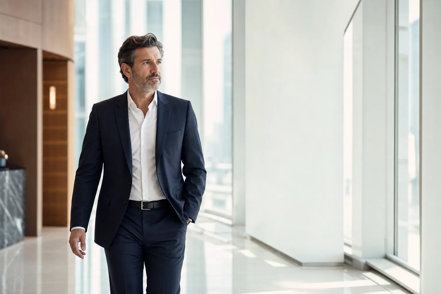 A senior COO reviewing the work in a calm Luxembourg boardroom