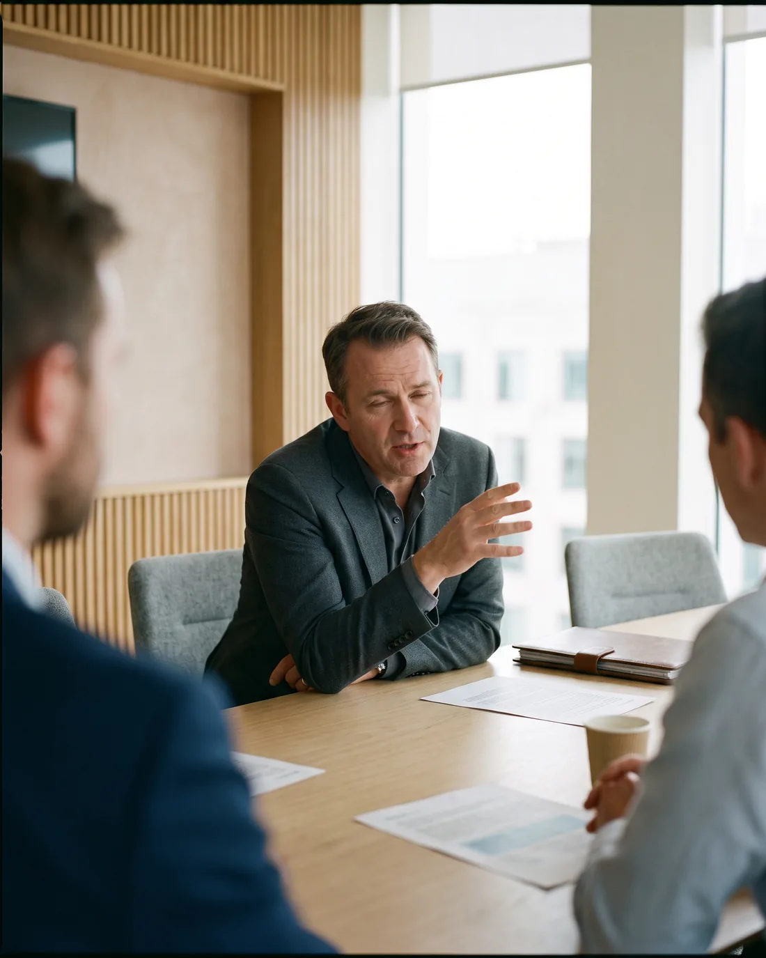A senior CRO reviewing the work in a calm Luxembourg boardroom